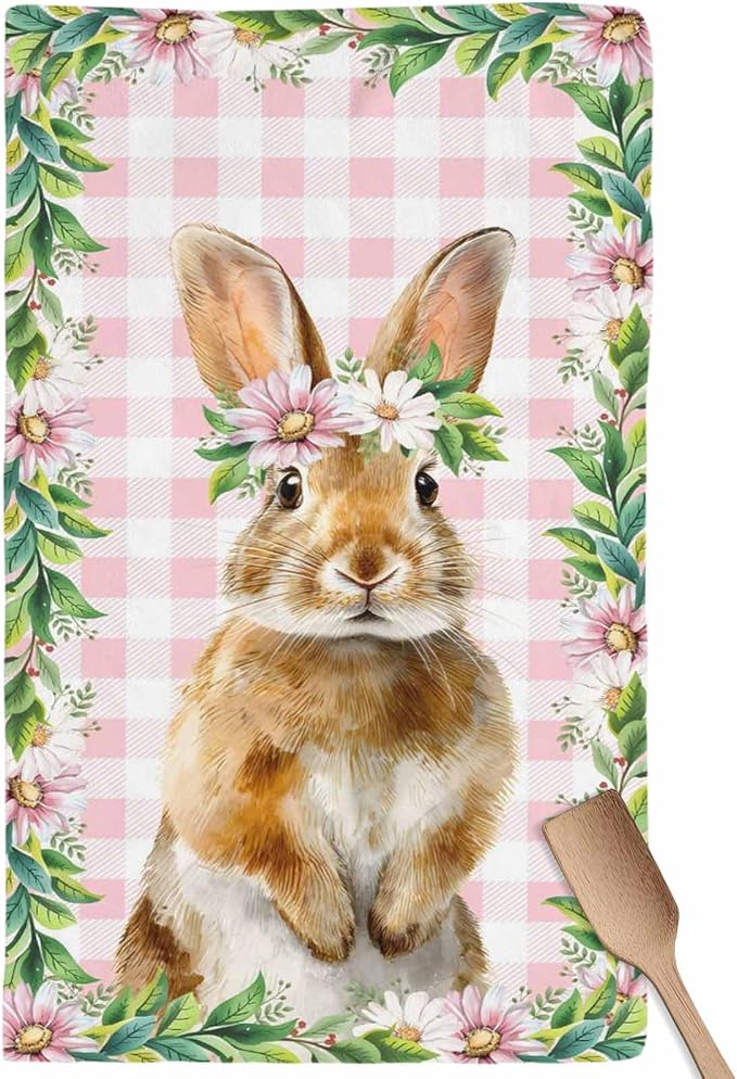 Easter Kitchen Towels Set of 1 Rabbits Daisy Watercolor Plants Spring Pink Plaid Decorative Dish Towels Ultra Soft Microfiber Absorbent Reusable Dishcloths for Kitchen Drying, 18x28 Inch by Unknown