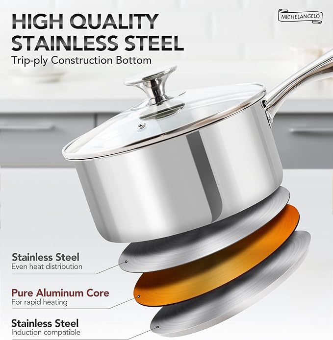 MICHELANGELO 4 Quart Saucepan with Lid, Thick Bottom Stainless Steel Saucepan with Cover, 4 QT Sauce Pot, Induction Ready & Dishwasher Safe - Image 3