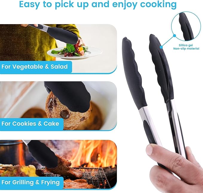 BANSHAN Kitchen Tongs Set of “9” Premium Stainless Steel Cooking Tongs Non Stick and Heat Resistant Handle, Silicone Tongs for Cooking Serving Frying and Cooking-Black (27cm) - Image 5