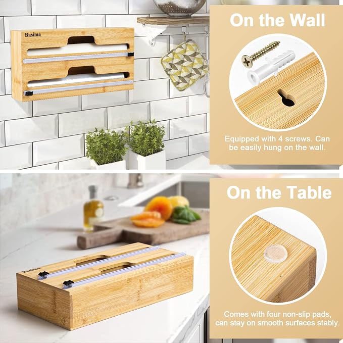 Plastic Saran Wrap Dispenser with Cutter, Basima Foil and Plastic Wrap Organizer, 2 in 1 Bamboo Aluminum Foil, Parchment and Wax Paper Organization and Storage for Kitchen Drawer, Fits 12" Roll - Image 4