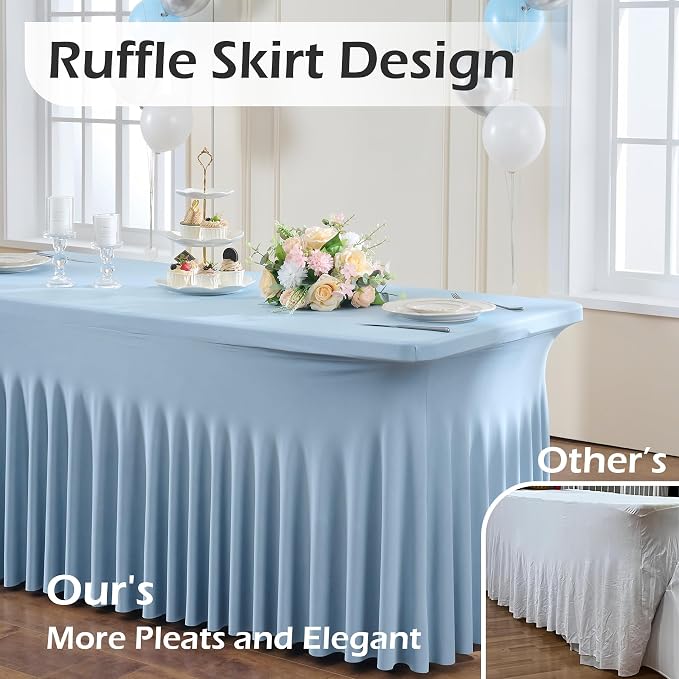 NSSONBEN 2 pk Dusty Blue Spandex Tablecloth for 6 Foot Rectangle Tables,Wrinkle Free Fitted Spandex Table Covers 6ft Stretch Table Cloths with Ruffle Skirt for Parties Weddings Banquet Baby Shower - Image 3