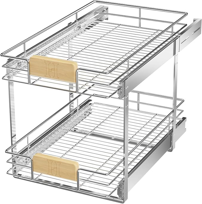 LOVMOR 2 Tier Pull Out Cabinet Organizer 13½" W x 21½" D, Slide Out Drawers with Wooden Handle, Sliding Shelves Organization and Storage for Kitchen, Pantry by LOVMOR