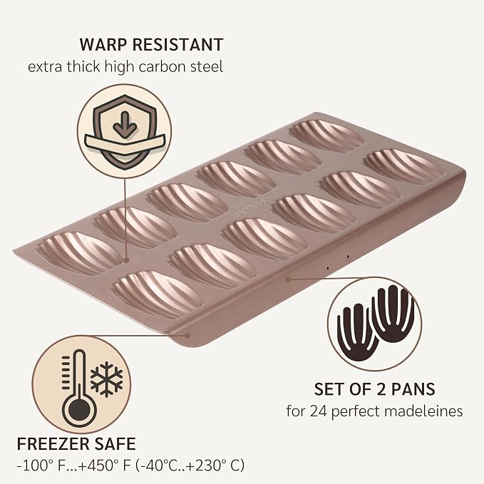 HAPPIELS 12 Well Madeleine Pan 2-Pack Nonstick, PFOA & BPA Free | | Non-Toxic - High Carbon Steel - Gold - Madeleines Cake Cookie Mold - Image 6