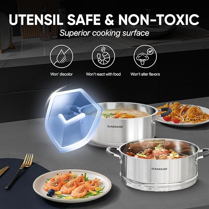 SUNHOUSE 4.6 QT Stainless Steel Steamer Pot for Cooking with Glass Lid - Image 4