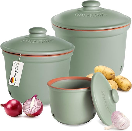 Romertopf Freshness Storage Potato Onion Garlic Clay Pot Set of 3 with Lids - Green by R%C3%B6mertopf