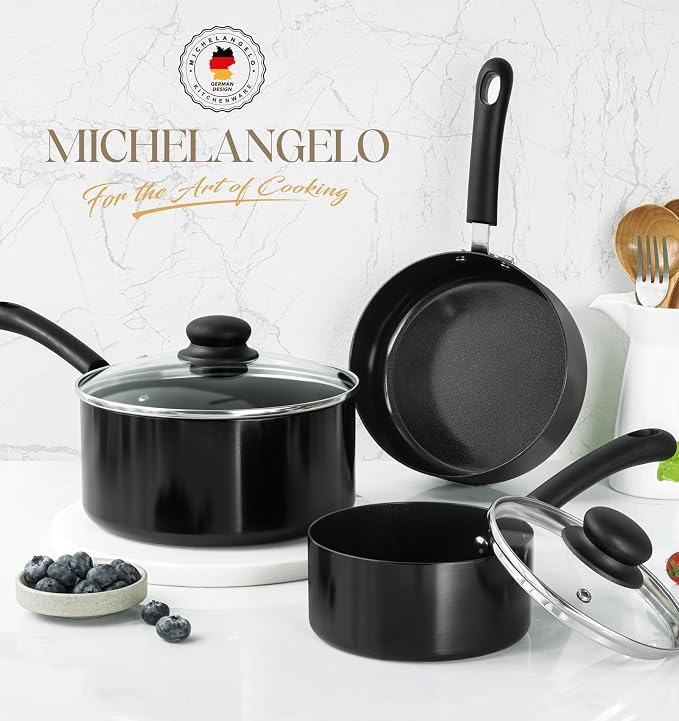 MICHELANGELO Nonstick Saucepan with Lid, Ceramic Sauce Pan Sets, Easy to Clean Sauce Pans, Multi-Purpose Cooking Pots, 1QT & 2QT & 3QT, Black - Image 6