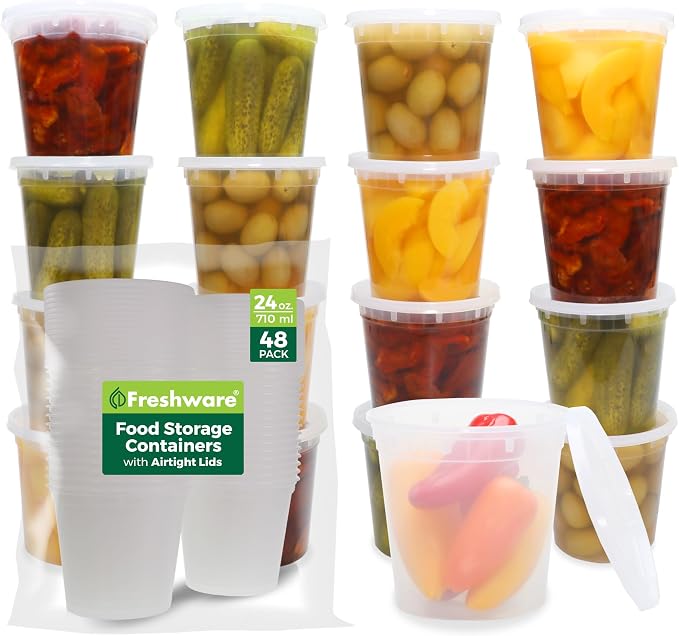 Freshware Food Storage Containers 24 oz Plastic Deli Containers with Lids, Slime, Soup, Meal Prep Containers, BPA Free, Stackable, Leakproof, Microwave/Dishwasher/Freezer Safe, 48 count (pack of 1) by Freshware