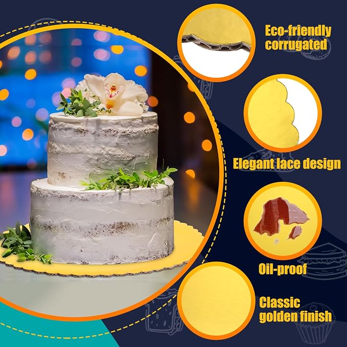 Dandat 50 Pcs 14 Inches Gold Cake Boards Round Cake Base Disposable Pie Plate Bulk Sturdy Circle Cardboard Scalloped Base for Birthday Decorating New Year Displaying Cakes Pizza Pie - Image 5