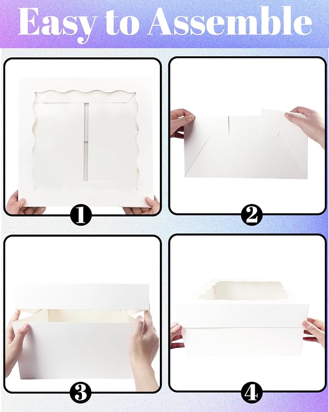 qiqee White 12x12x8 Cake Box, 4 Sets White Cake Box with Window ＆ 4 Sets 12" White Cake Round Boards, 12inch Cake Containers - Image 3