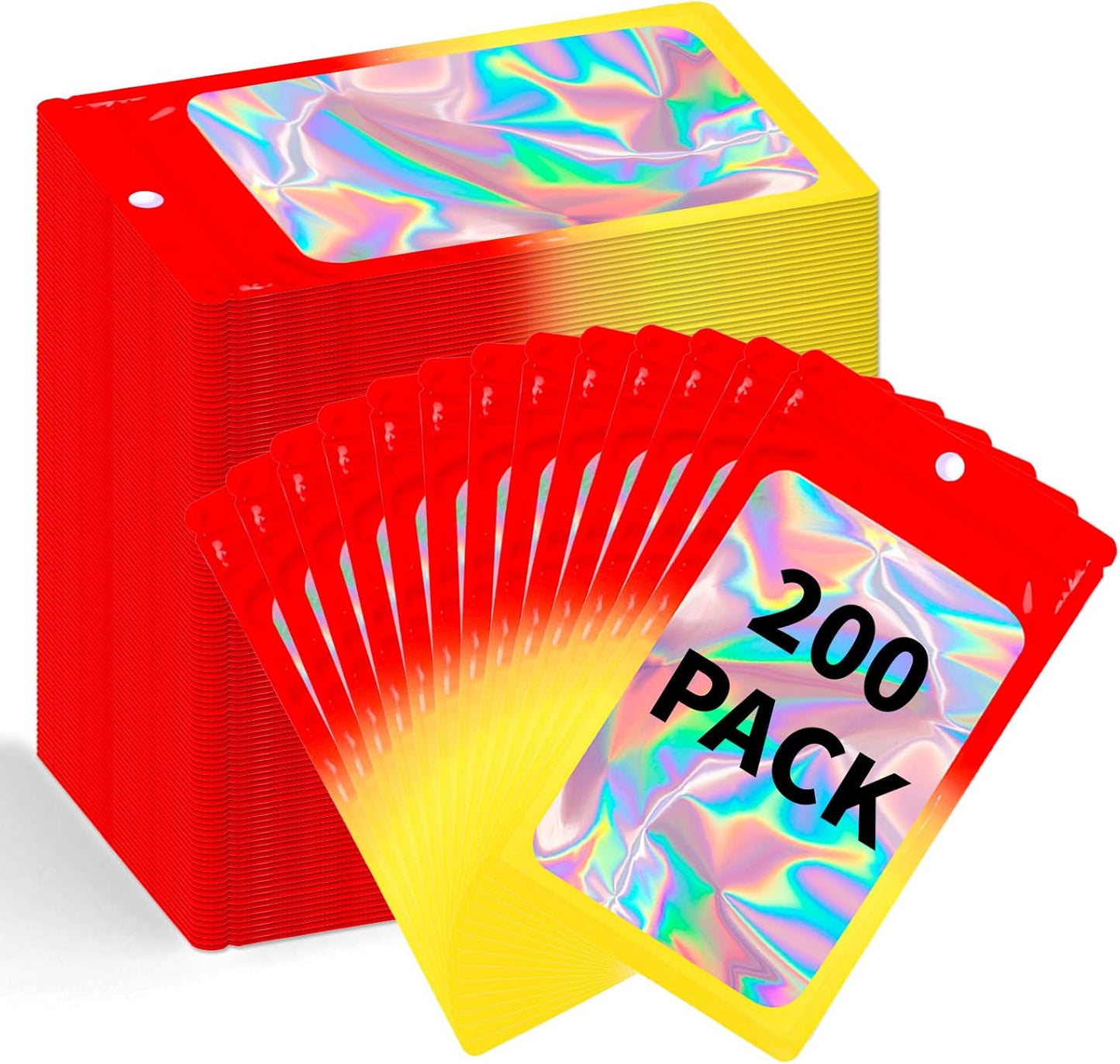 200 Pack Resealable Mylar Holographic Bags Food Storage Smell Proof Bags with Front Window Foil Packaging Pouch for Candy Sample Jewelry Small Business 2.95×4.72 Inch, Red Fade Yellow