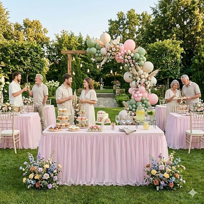 CO-AVE 6pack Pink Tulle Tablecloth for 6ft Rectangular Tables, 2-in-1 Elastic Stretch Spandex Cover with Tutu Ruffle Skirt, Wrinkle Free for Wedding, Birthday, Banquet, Buffet, Bridal Shower by CO-AVE