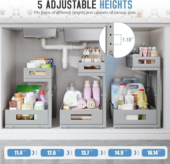 1 Pack-11.4"-16.14" H Under Sink Storage Organizer, Large 2-Tier Elegant Mesh Pull Out Shelf for Kitchen & Bathroom Cabinet Organization, L-Shaped, Adjustable Height-Gun Gray - Image 5