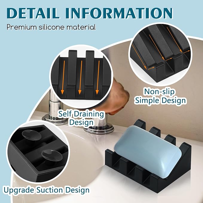 2 Pack Silicone Soap Saver with Strong Suction Cups, Self Draining Bar Soap Rest for Shower & Kitchen, Non-Slip Waterfall Dish Keeps Soap Dry, Easy Clean & Hygienic (Black) - Image 3