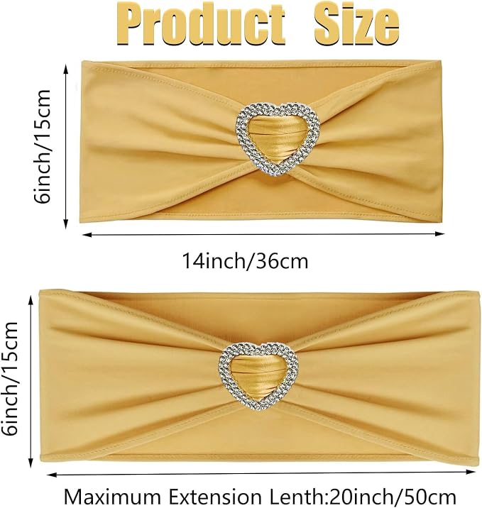 Gold Chair Sashes for Wedding 50 PackSpandex Gold Sashes for Chairs Covers Stretch Chair Sashes Band with Heart Buckle Slider Wedding Sashes Bows for Banquet Party Decorations - Image 2