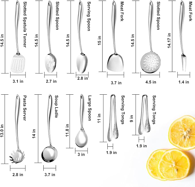 304 Stainless Steel Kitchen Utensils Set,11 Pcs Stainless Steel Cooking Utensils Set, Long Metal Cooking Utensil Gadgets Tools Set with Spatula, Spoon,Skimmer,Tongs etc (Dishwasher Safe) - Image 2