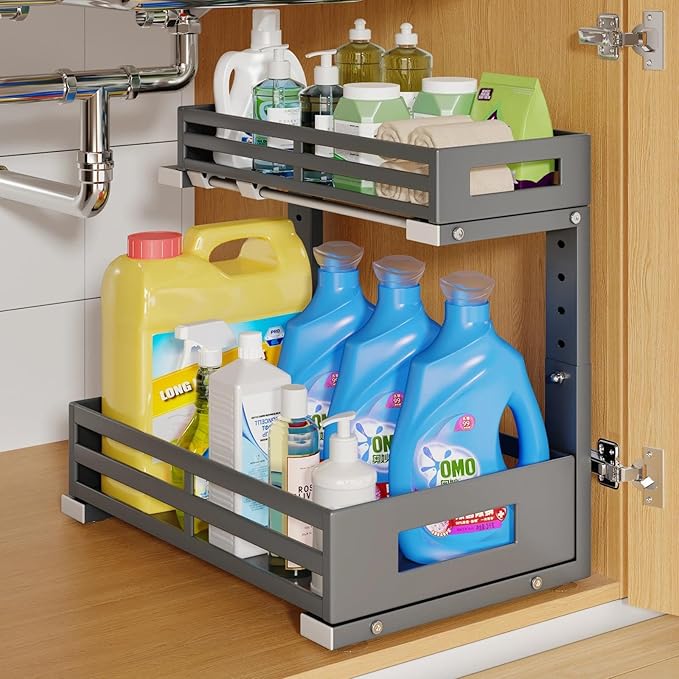 1-Pack Under Sink Organizers and Storage,2-Tier L Shape Pull Out Cabinet Organizer With Round Tube Slide Rails,Hight Adjustable Slide Out Drawers for Kitchen&Bathroom,Multi-Purpose Storage Shelf-Gray by UnderSinkOrganizer