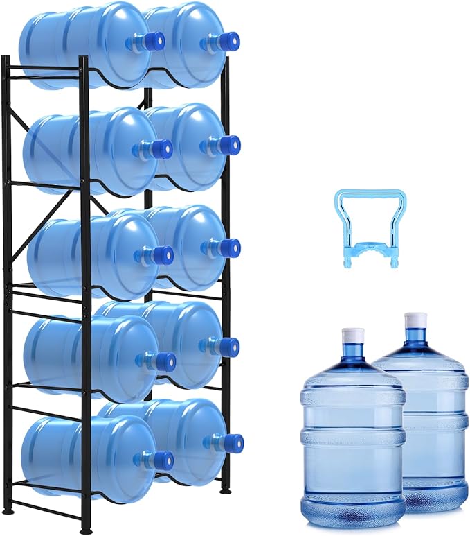 5 Gallon Water Bottle Holder for 10 Bottles, 5 Tiers Row Water Jug Rack | with Detachable Heavy Duty Metal Frame, Space Saving Water Jug Stand for Office, Kitchen, Garage, Gym, and Restaurant by FAHKNS