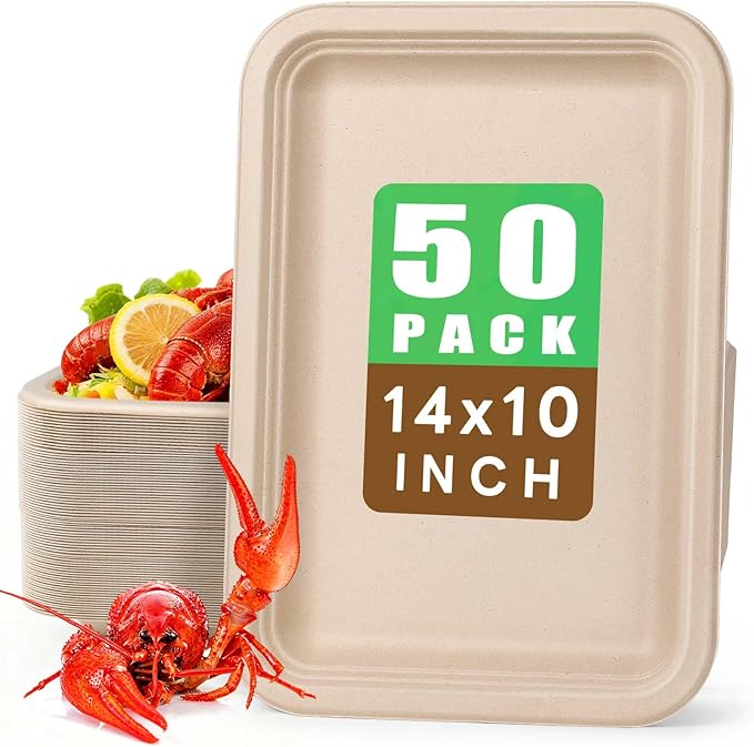 Gezond 50 Pack 14 Inch Disposable Food Trays Crawfish Trays Heavy-Duty | Large Paper Plates Compostable Plate Sugarcane Eco-friendly for Crawfish Seafood Party BBQ Thanksgiving Natural by Gezond%C2%AE