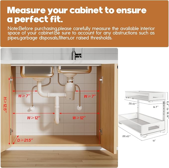 2 Pack 20.47IN Depth Under Sink Storage Organizer, Large 2-Tier Elegant Mesh Pull Out Shelf for Kitchen and Bathroom Cabinet Organization, L-Shaped and Adjustable Height Design-White - Image 2