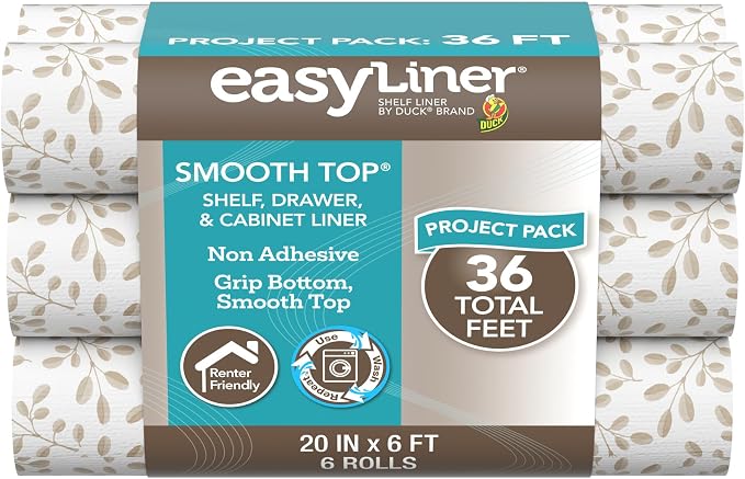 Smooth Top EasyLiner for Cabinets & Drawers, Easy to Install, Shelf Paper & Drawer Liner Non Adhesive, Non Slip Shelf Liner for Pantry, Kitchen Essentials, 20 in x 6 ft (6 Pack), 36 ft, Taupe Buds by DuckBrand