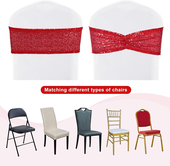 SquarePie Red Sequin Chair Sashes Bows 120 Pcs Glitter Chair Back Cover Ties Bands for Wedding Banquet Party Decor - Image 8