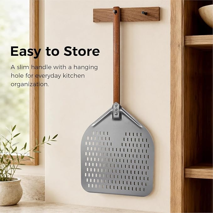 G.a HOMEFAVOR 14" x 17" Perforated Pizza Peel 35 Inch overall, Rectangular Aluminum Pizza Turning Peel with Walnut Wooden Handle For Baking Pizza Brick Oven - Image 5