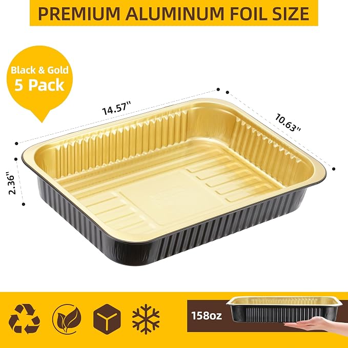 Aluminum Foil Pans, Extra Heavy Duty Disposable Aluminum Baking Pans | 14.57"×10.63" Steam Table Pans for Cooking, Heating, Storing, Prepping Roasting and Chafing (5 Pack Black and Gold) - Image 3