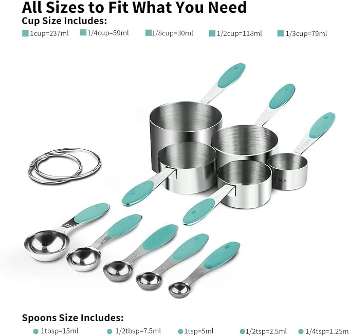 U-Taste Silicone Spatula Set; Kitchen Tongs, 7/9/12 inches, Pack of 3 and 18/8 Stainless Steel Measuring Cups and Spoons Set of 10 Piece (Aqua Sky) - Image 4