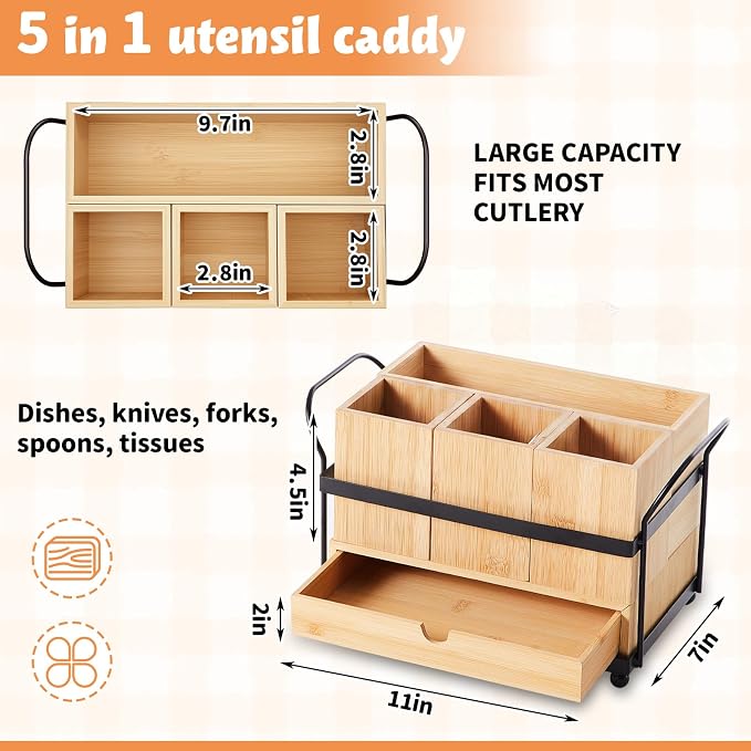 Qunclay Bamboo Wood Silverware Caddy with Drawer, 4 Compartments - Image 2