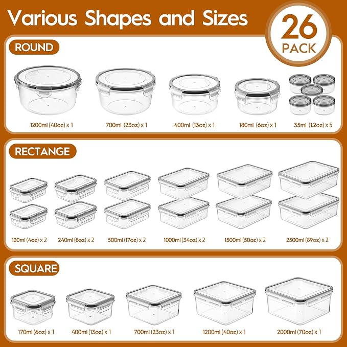 KEMETHY Large 52 Piece Food Storage Containers with Airtight Lids, BPA-free | 26 Containers & 26 Lids, Leak Proof, Meal Prep, Kitchen Storage, PVC-free Plastic, Microwave/Dishwasher Safe, Labels & Pen - Image 2