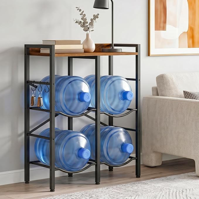 HOOBRO 5 Gallon Water Jug Holder 4 Bottles, Water Jug Rack, 2 Tier Water Bottle Holder with X-Shape Reinforcement, for Kitchen, Living Room, Office, Rustic Brown and Black BF04ST01 - Image 2