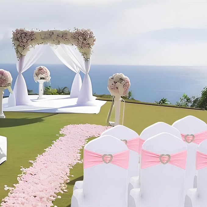 Light Pink Chair Sashes for Wedding 50Pcs Spandex Pink Sashes for Chairs Covers Stretch Chair Sashes Band with Heart Buckle Slider Wedding Sashes Bows for Banquet Party Decorations - Image 6