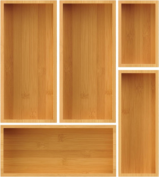 Bamboo Drawer Organizer Set, 5-Piece Storage Trays for Kitchen, Bathroom, Office Desk, Makeup & Junk Drawers,Utensils