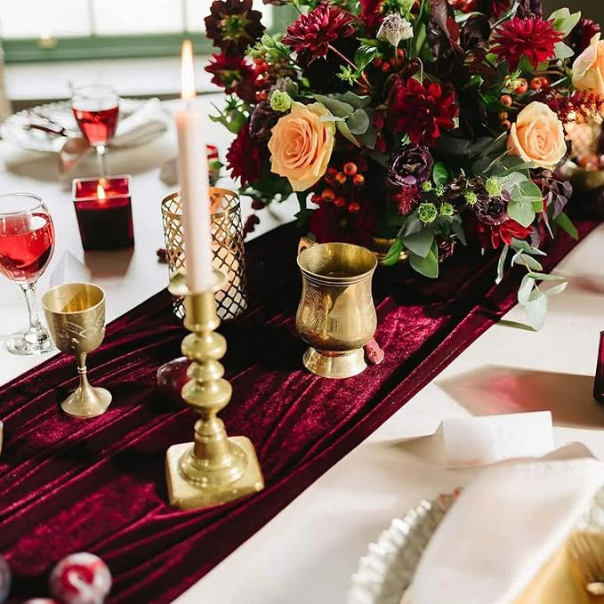 Luxurious Velvet Table Runner, 10ft Wedding Reception Decorations, 20x120inch Soft Velvet Fabric, Table Linen Overlay, Wedding Table Runners (Burgundy, 20X120inch, 2pack) - Image 3