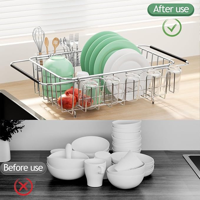 Small Dish Drying Rack in Sink, Extendable Stainless Steel Dish Drainers for Kitchen Counter, Anti-Rust Dish Dryer Rack with Utensil & Cup Holders, for Inside Sink, Over The Sink(for 1-2 People) - Image 7