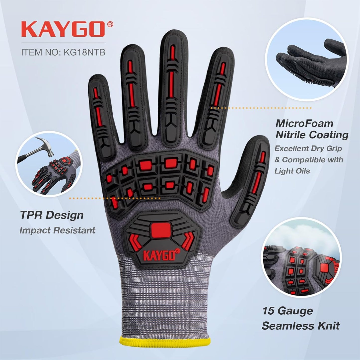 KAYGO Impact Reducing Work Gloves for Men,3 Pairs KG18N TPR Safety Work Gloves MicroFoam Nitrile Coated, Seamless Knit Nylon, Ideal for General Purpose, L
