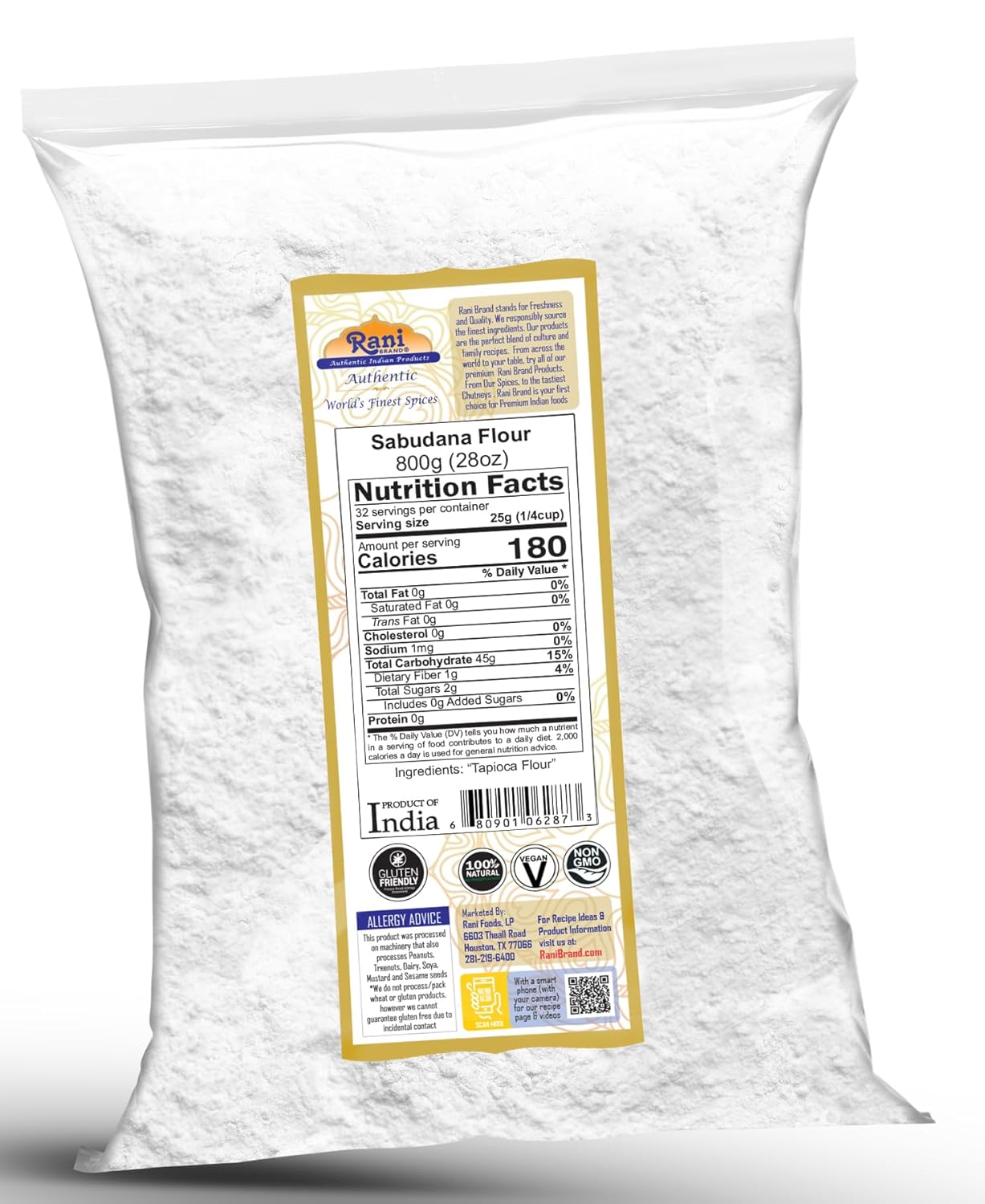 Rani Sabudana Flour (Tapioca/Sago Flour) 28oz (1.75lbs) 800g ~ All Natural | Vegan | Gluten Friendly | NON-GMO | Kosher | Indian Origin