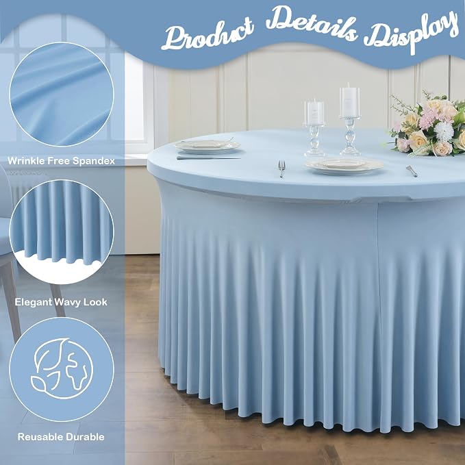 6 Pack Spandex Dusty Blue Round Tablecloths for 60in Tables, Stretchy 120inch Fitted 5FT Round Table Cloths, Wrinkle Free Table Cover with Skirt for Wedding Birthday Party Bridal Shower Banquet - Image 3