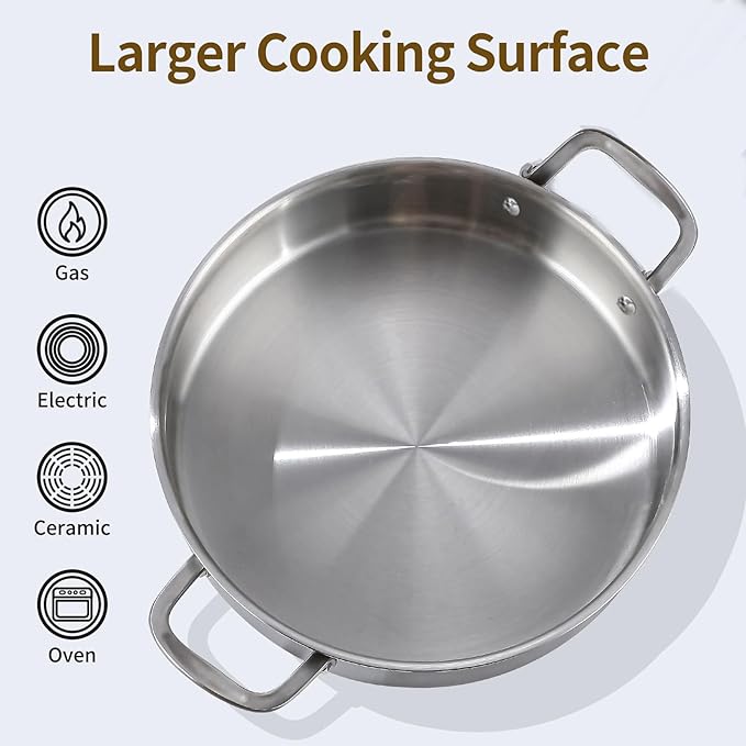 DELARLO Tri-Ply Stainless Steel 6 Quart Braiser Pan with Lid - Image 3