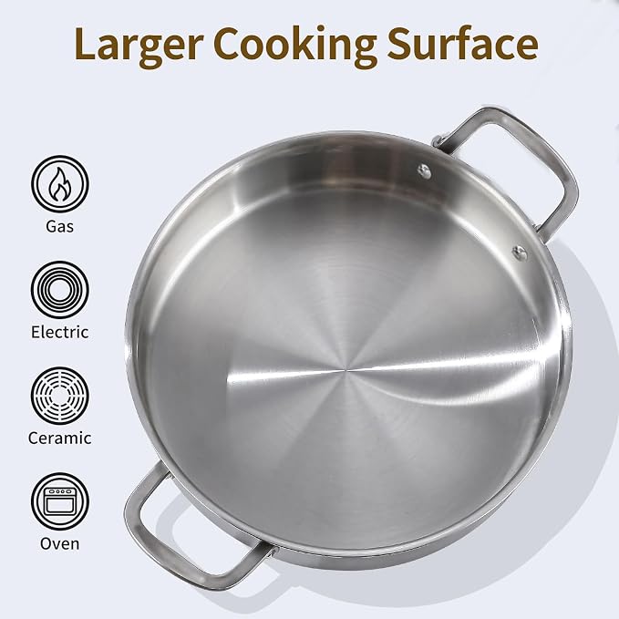 DELARLO Tri-Ply Stainless Steel 7 Quart Braiser Pan with Lid - Image 3