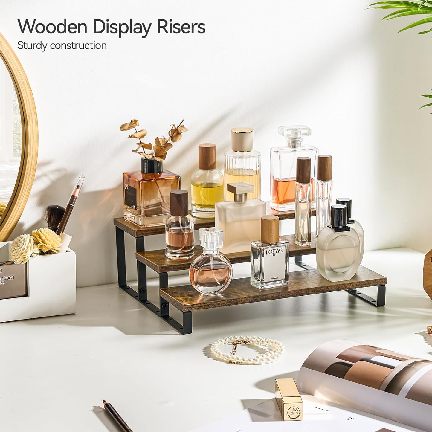 Spice Rack,Wooden Display Riser Stand, 3-Tier Perfume Stand and Cologne Organizer Stand, DIY Spice Rack Organizer, Display Shelf Metal Frame