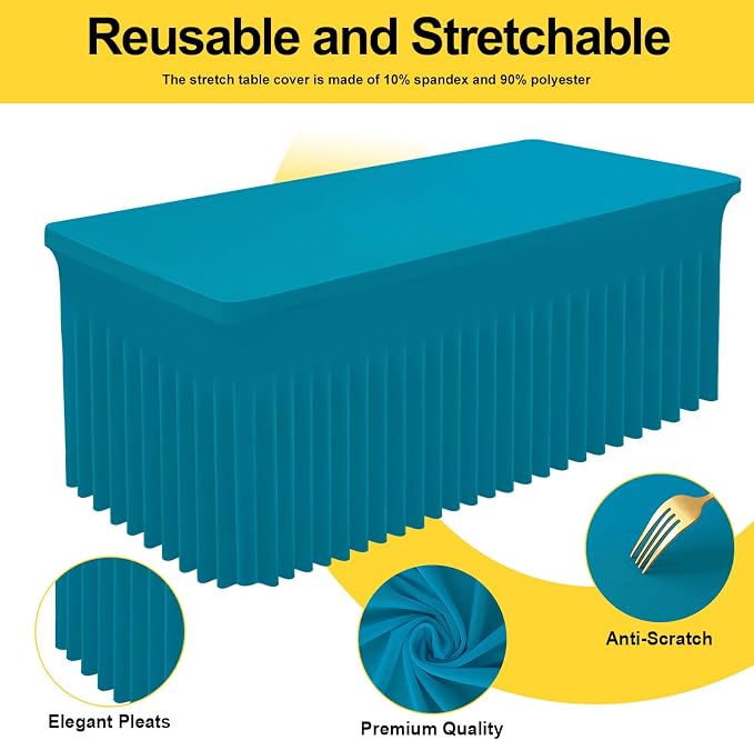 Smiry Spandex Tablecloth 6 Pack, Elastic Fitted Stretch Tablecloth for 8FT Rectangle Tables, Waterproof Washable Table Cover Skirt for Wedding, Banquet & Parties (Turquoise, 96Lx30Wx30H Inch) - Image 2