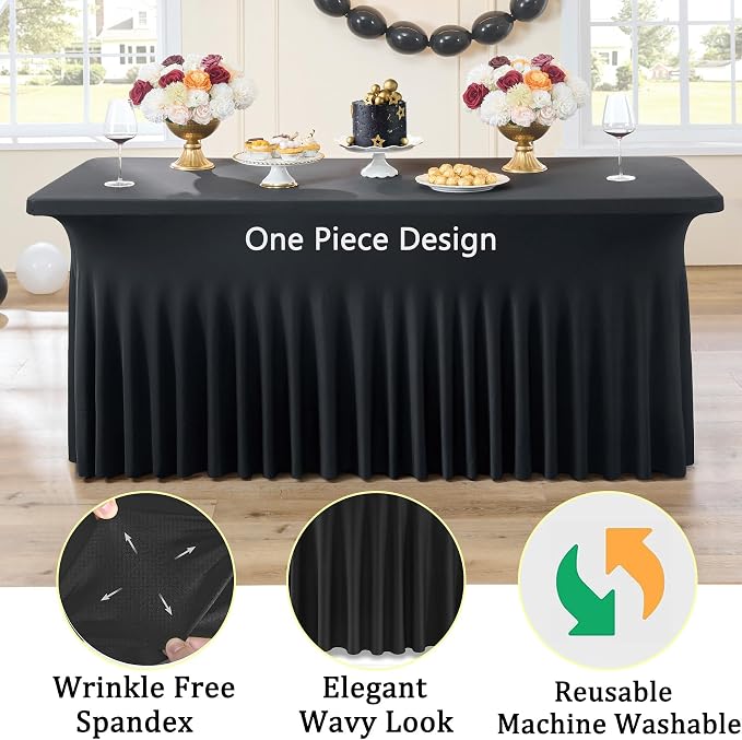 6 Pack Spandex Black Table Clothes for 6 Foot Rectangle Tables, Wrinkle Free Table Cloth Fitted Tablecover Stretchy Tablecloths with Skirt for Parties Wedding Banquet - Image 3