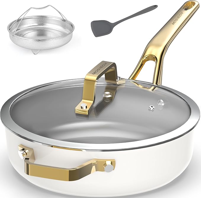 10-in-1 White Ceramic Nonstick Deep Saute Pan Set With Steamer & Lid, 4QT by MOSIECH