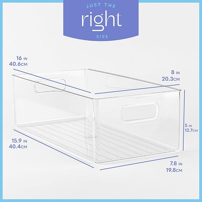 Plastic Food Storage 4 Pack Clear Container Bin with Handles for Organizing Kitchen, Pantry, Refrigerator, Freezer, Pantry, Cabinet, Closet, Bathroom. 16”x8”x5” - Image 3
