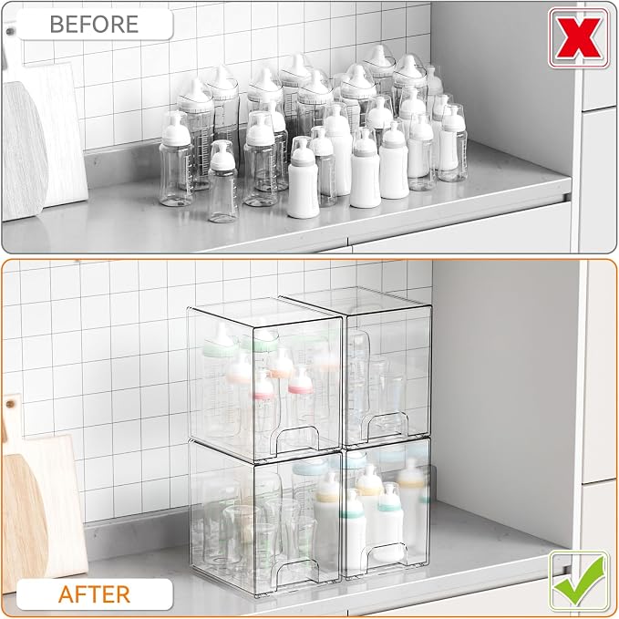 Yieach 2 Pack Clear Stackable Storage Drawers,7.6" H Baby Bottle Organizer,Acrylic Drawer Containers for Cosmetics,Skincare,Beauty Products,Cabinet,Vanity,Kitchen,Under Sink and Bathroom Storage Bins - Image 4