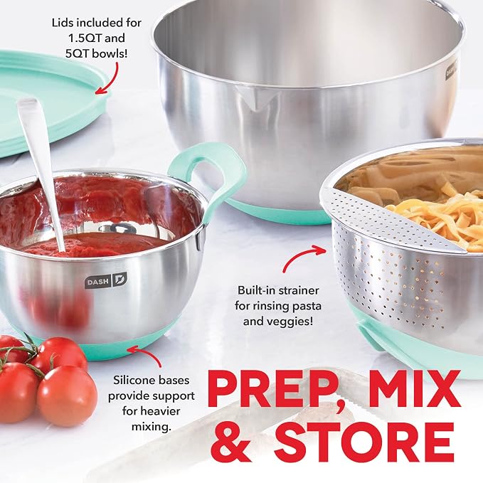 DASH Stainless Steel Mixing Bowls with Lids, Silicone Non-Slip Base with Measuring Lines and Strainer, 3 Bowl Set - 1.5 Quart, 3 Quart, & 5 Quart - Aqua - Image 2