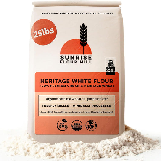 Sunrise Flour Mill Heritage Organic White Flour | USDA Organic All Purpose Flour Unbleached - Non-GMO, Kosher, Glyphosate Free, High Protein for Baking, Unbromated White Wheat (400 Ounce (Pack of 1))
