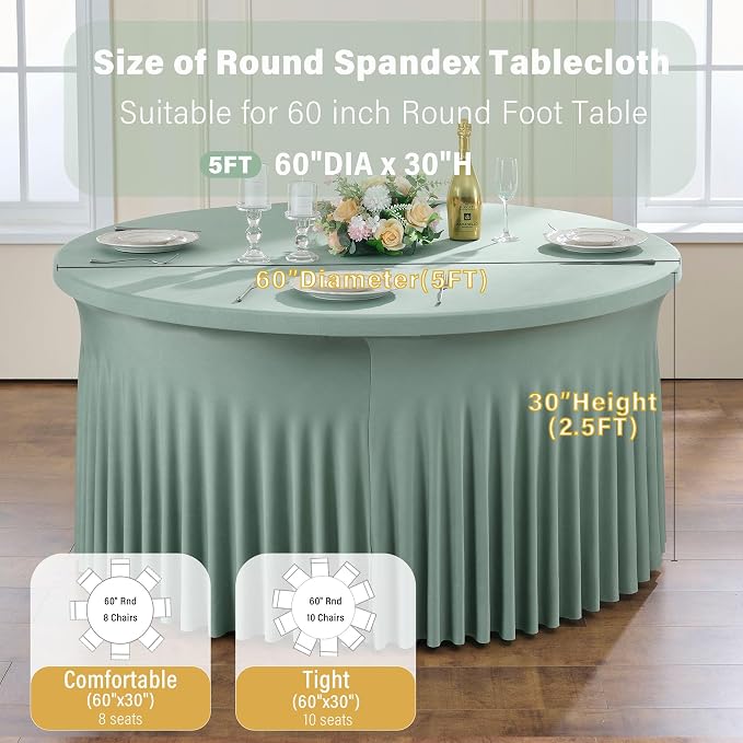 6 Pack Sage Green Spandex Round Tablecloths for 60 inch Table, Wrinkle Free Stretchy 120inch Fitted 5FT Round Table Cover Cloths with Skirt for Wedding Party Dining Banquet - Image 6