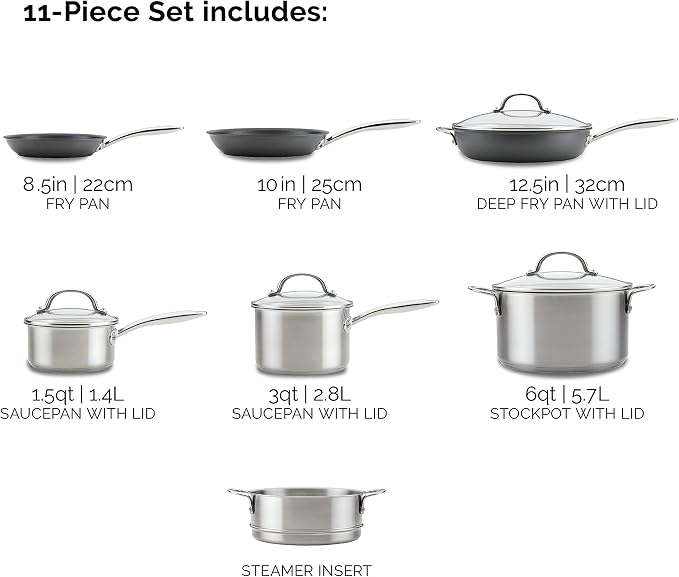 Rachael Ray 70033 Professional Stainless Steel/Hard Anodized Nonstick Cookware Pots and Pans Set, 11 Piece - Gray and Silver - Image 11